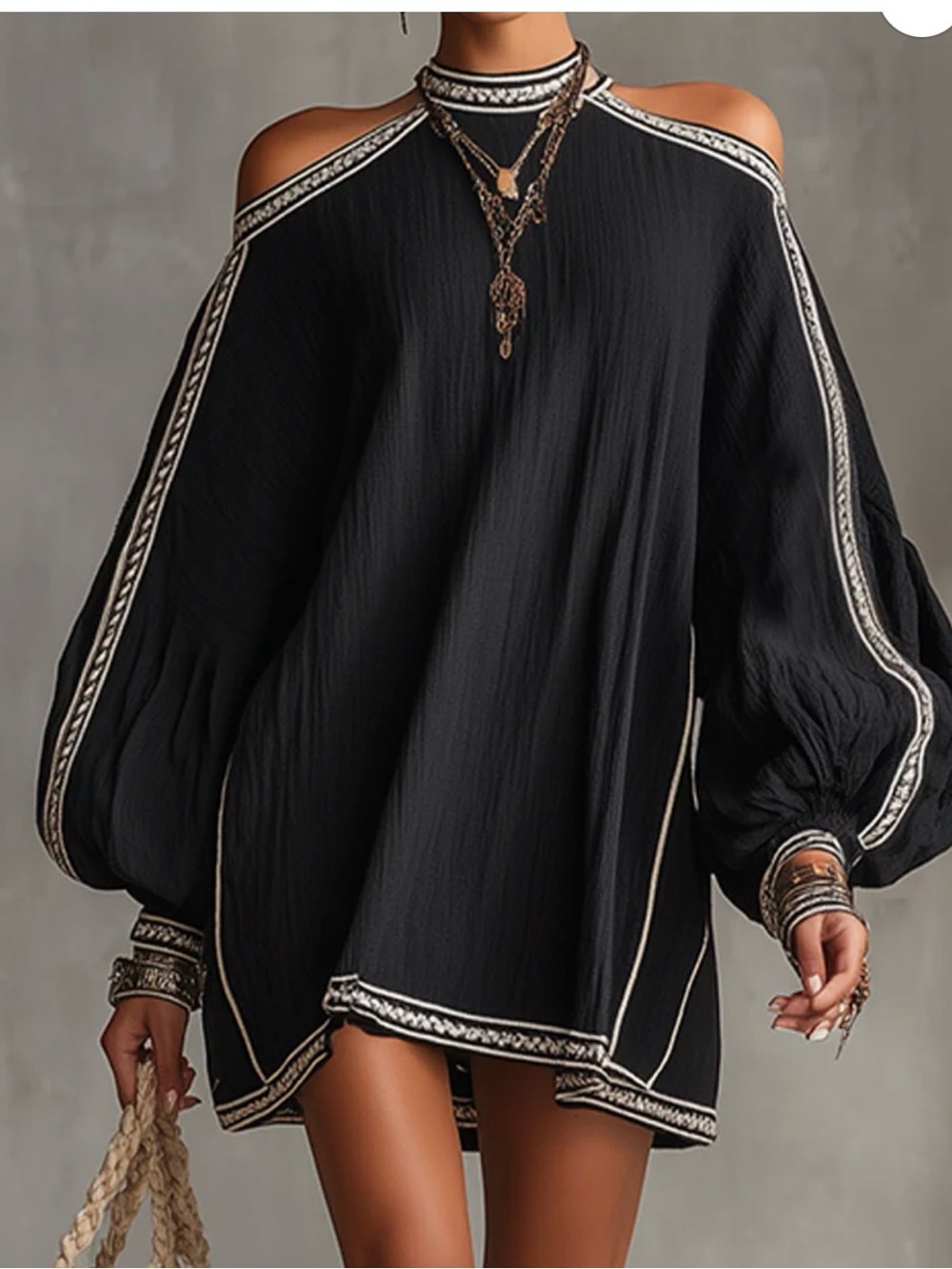 Oh Black Cold-Shoulder Mini Dress with Contrast Trim